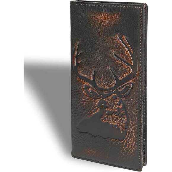 Men Brown Deer Long Wallet Full Grain with Hand Burnished Blocking Rodeo Wallet - Picture 1 of 6
